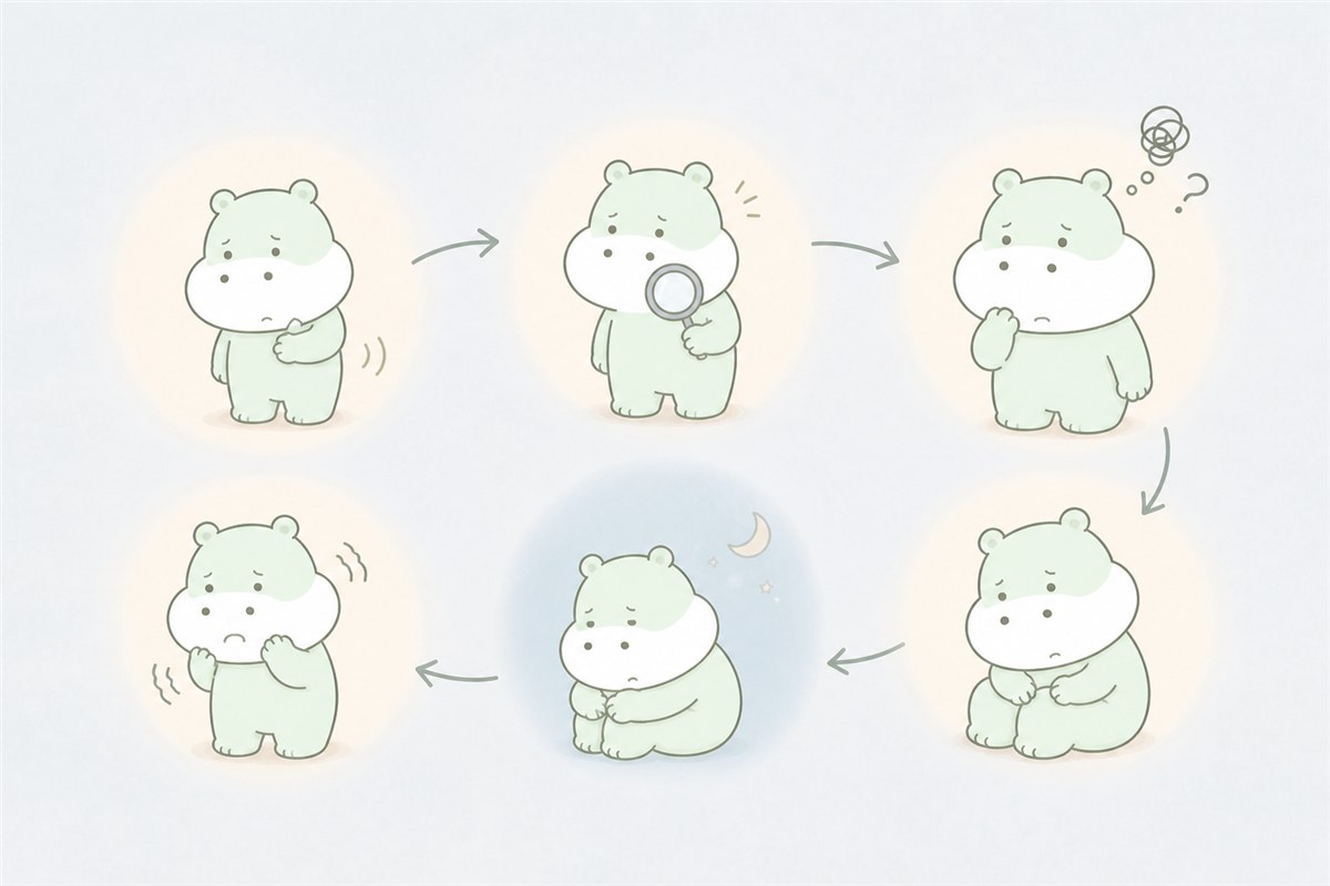 身体感覚への注意と不安が循環する仕組みを表すカバのイラスト