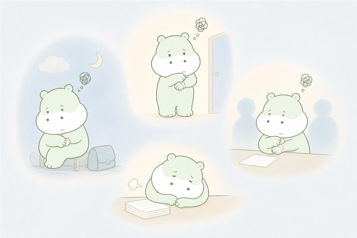 身体症状のため仕事や外出を不安に感じるカバのイラスト
