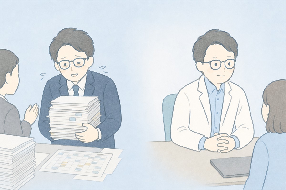 過剰適応していた会社員時代と、患者に向き合う医師となった現在の院長を対比したイラスト