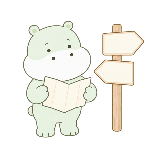 無地の案内パンフレットと標識を確認するカバのイラスト