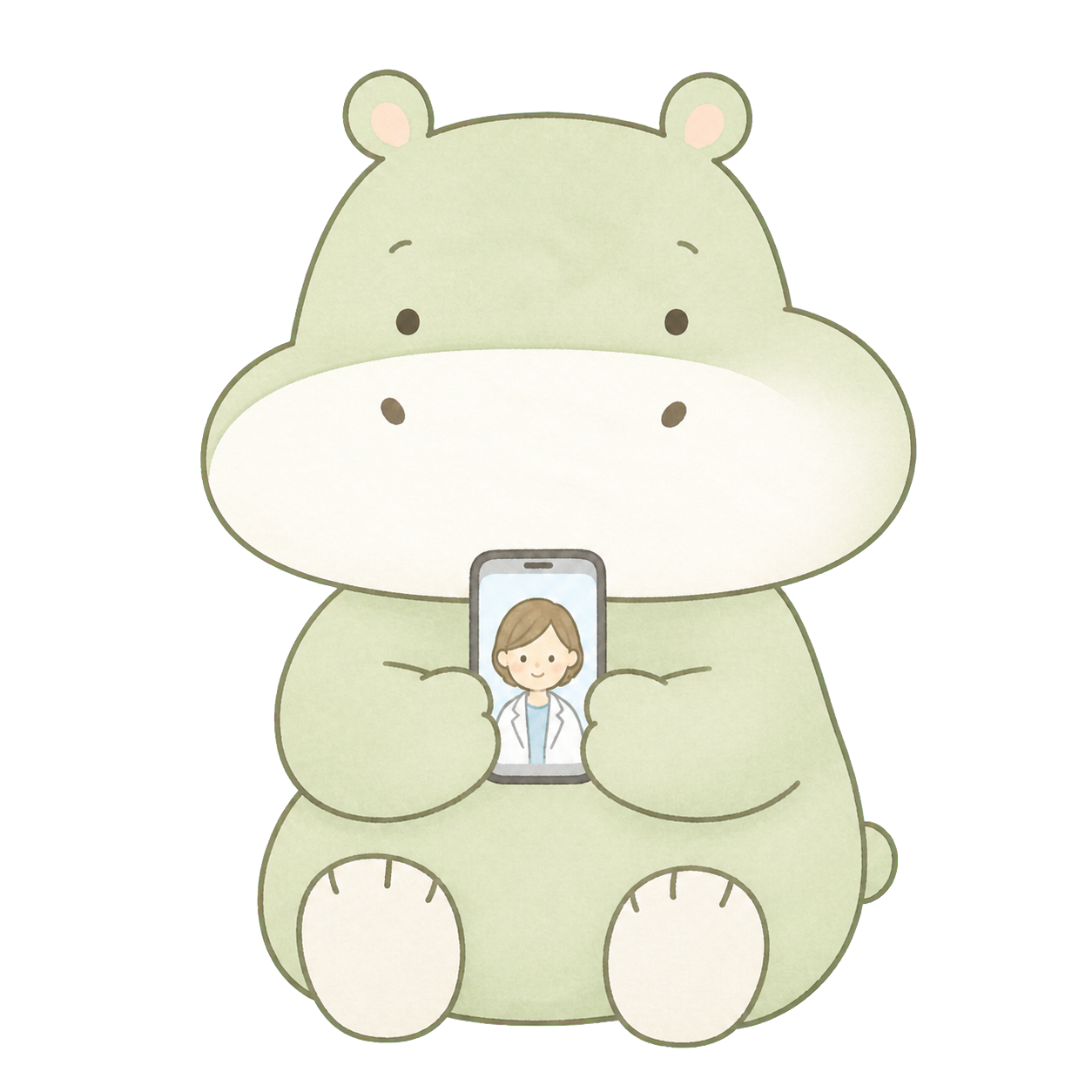 スマートフォンで医師のオンライン診療を受けるカバのイラスト