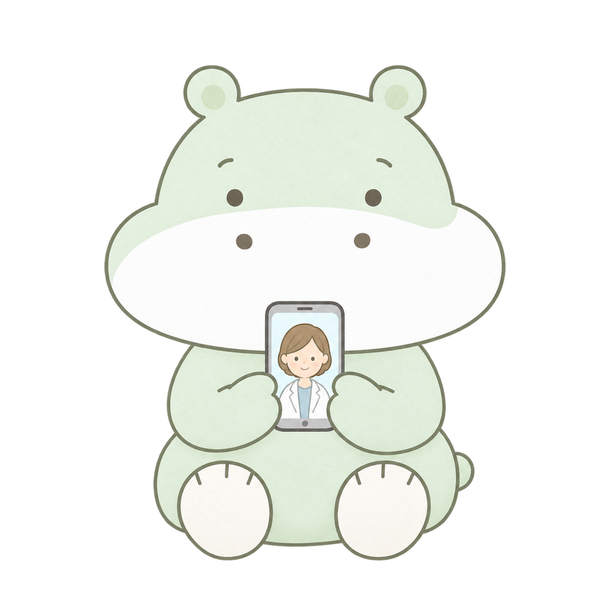スマートフォンで医師のオンライン診療を受けるカバのイラスト