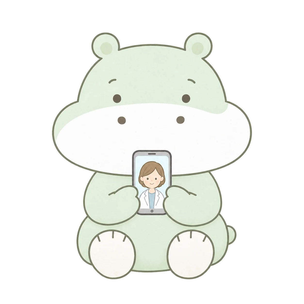 スマートフォンで医師のオンライン診療を受けるカバのイラスト